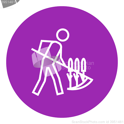 Image of Man mowing grass with scythe line icon.