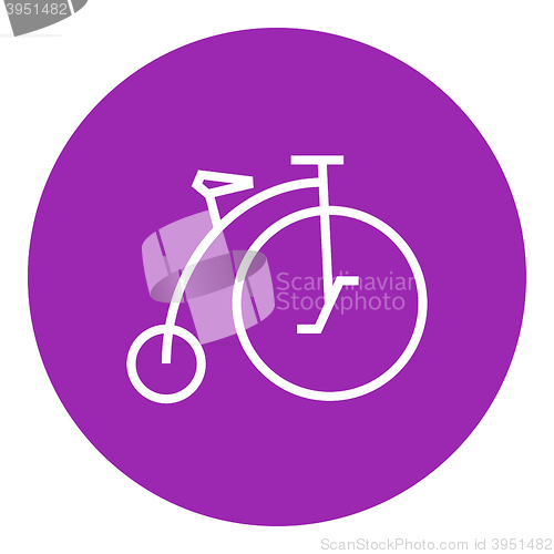 Image of Old bicycle with big wheel line icon.