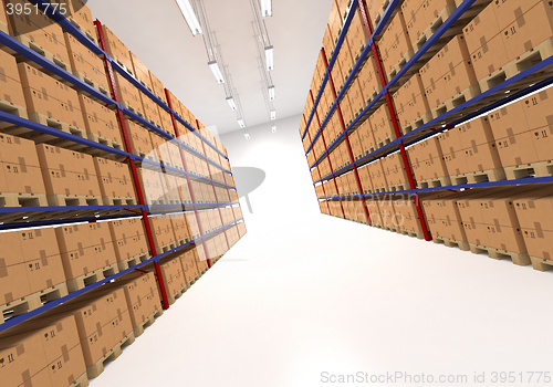 Image of Warehouse shelves filled with boxes. 