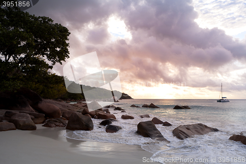 Image of Sunset view of Anse Lazio, Praslin island, Seychelles