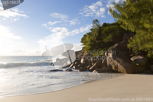 Image of Beach of Anse Georgette, Seychelles in evening light