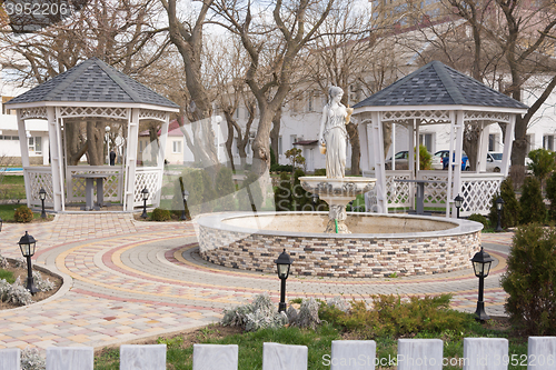 Image of Anapa, Russia - March 9, 2016: Pavilions and fountain as part of the landscaping in the resort \"Little Bay\" in the center of the resort town of Anapa