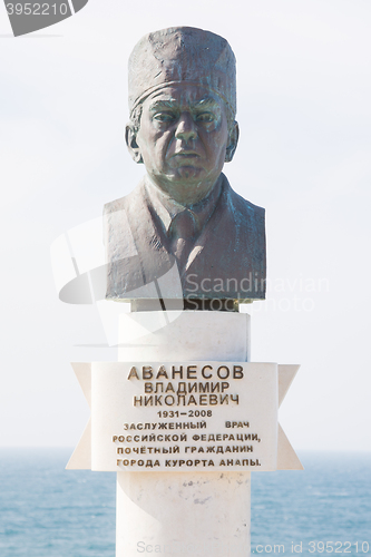 Image of Anapa, Russia - March 10, 2016: Close-up of a monument in honor of the honored doctor of Russia Vladimir N. Avanesov, set on the high bank of the city of Anapa resort