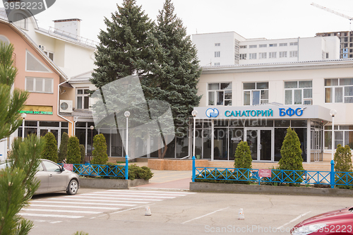 Image of Anapa, Russia - March 9, 2016: Appearance of the sanatorium \"BFO\" in the center of the resort town of Anapa