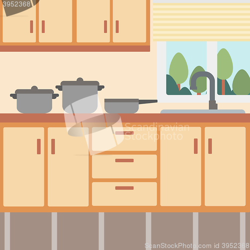 Image of Background of kitchen with kitchenware.