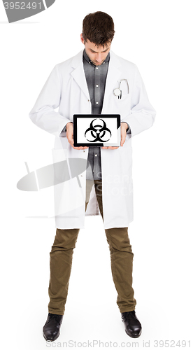 Image of Doctor holding tablet - Warning! Biohazard!