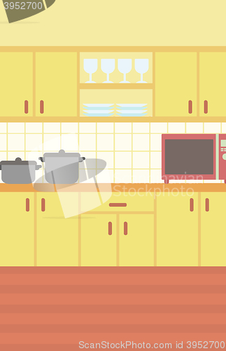 Image of Background of kitchen with kitchenware.