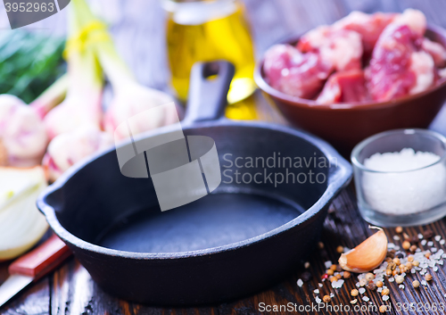 Image of raw meat and pan on a table