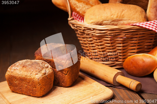 Image of Close up of composition with bread in wicker basket
