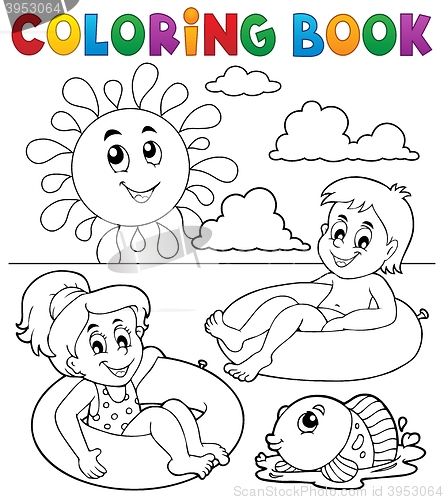 Image of Coloring book children in swim rings 1