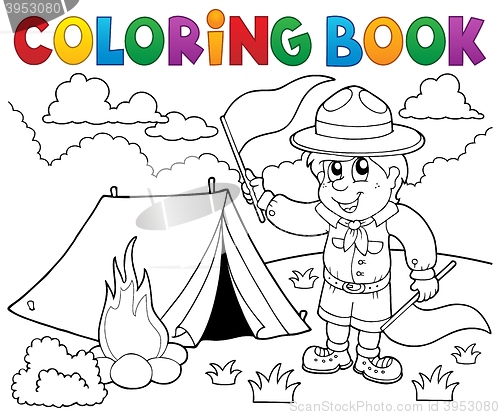 Image of Coloring book scout boy with flags