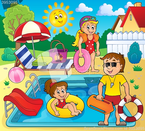Image of Children and life guard by pool