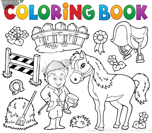 Image of Coloring book jockey and horse thematics