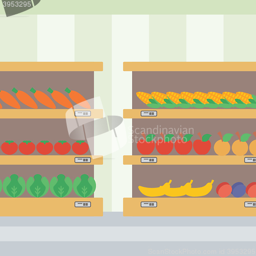 Image of Background of vegetables and fruits on shelves.