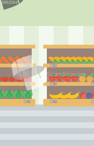 Image of Background of vegetables and fruits on shelves.