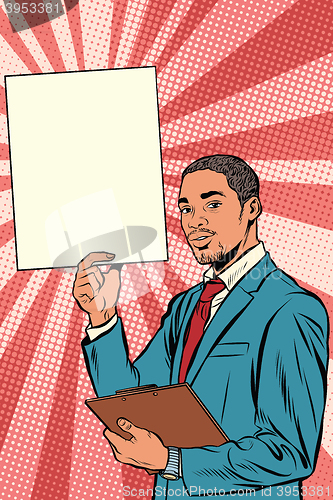 Image of Businessman with advertising poster, African American