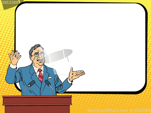 Image of Boss business man speaking at podium, lecture or presentation
