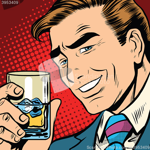 Image of Toast cheers whisky with ice, elegant man