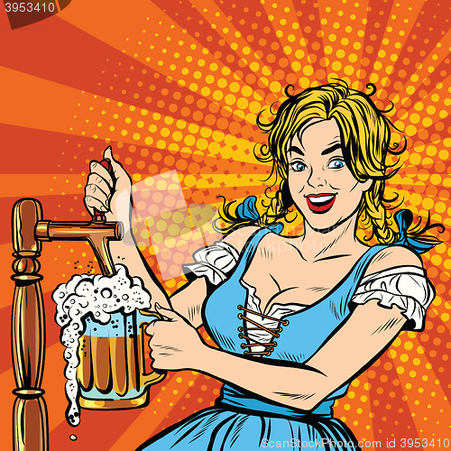 Image of Young blond woman pours a beer, Germany national costume