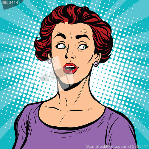 Image of Surprised pop art woman looking sideways