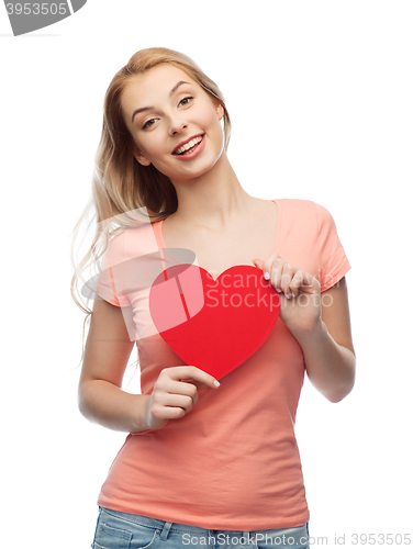 Image of happy woman or teen girl with red heart shape