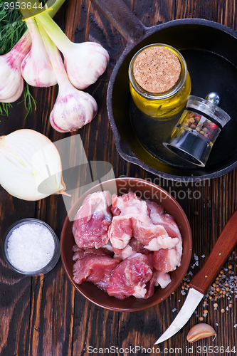 Image of raw meat and pan on a table