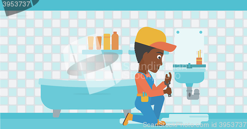 Image of Woman repairing sink.