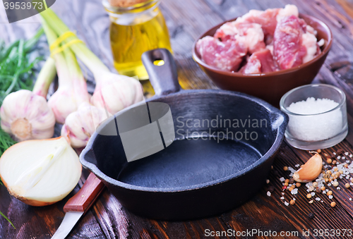 Image of raw meat and pan on a table