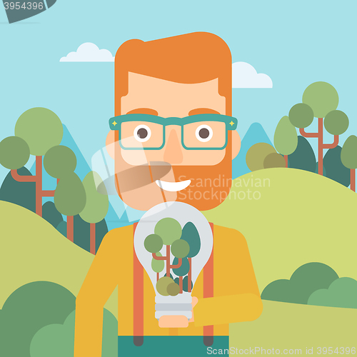 Image of Man with lightbulb and trees inside.