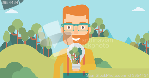 Image of Man with lightbulb and trees inside.