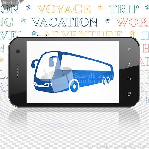 Image of Tourism concept: Smartphone with Bus on display