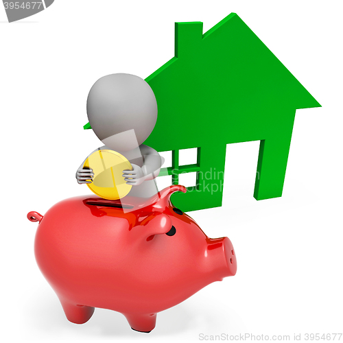 Image of Character Mortgage Shows Piggy Bank And Apartment 3d Rendering