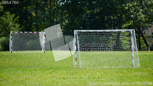 Image of view of a net on vacant soccer pitch.