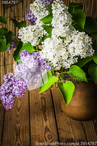 Image of Still-life with a bouquet of lilac, close up