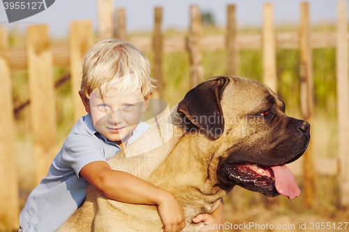 Image of Little boy with large dog