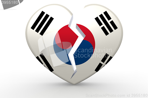 Image of Broken white heart shape with South Korea flag