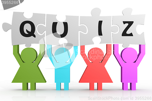 Image of Four people hold puzzle with quiz word