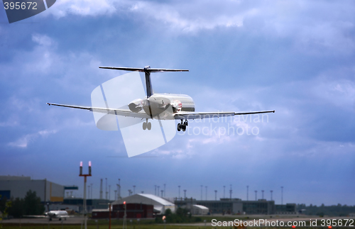 Image of  jet landing at dusk.