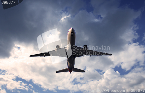 Image of jet taking off at dusk.