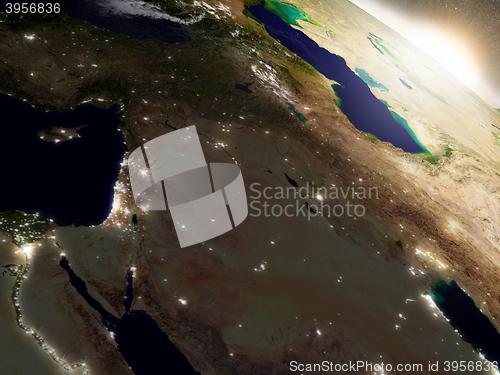 Image of Sunrise over Israel, Lebanon, Jordan, Syria and Iraq region