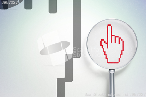Image of Marketing concept:  Mouse Cursor with optical glass on digital background