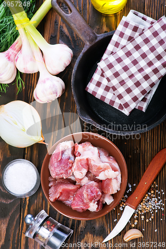 Image of raw meat and pan on a table