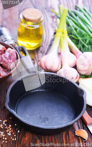 Image of raw meat and pan on a table