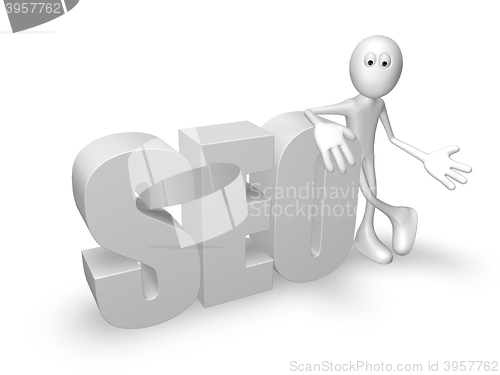 Image of cartoon guy and seo tag - 3d rendering