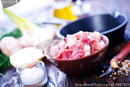 Image of raw meat and pan on a table