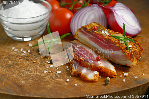 Image of  smoked bacon and vegetables