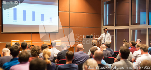 Image of Business speaker giving a talk in conference hall.