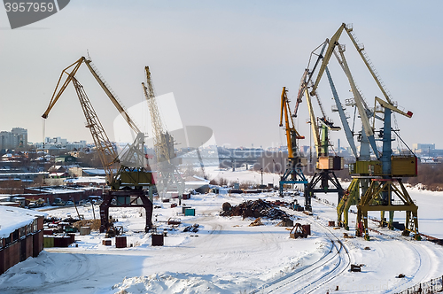 Image of Winter view on river port. Tyumen. Russia