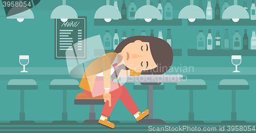 Image of Woman sleeping in bar. 