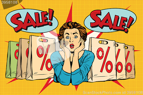 Image of Pop art surprised woman sales discounts, the buyer